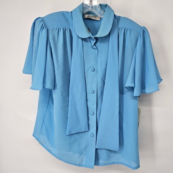 Josephine Shirt Womens 16 Blue Flutter Sleeve Button Up Vintage Style Bow Blouse - Picture 1 of 15